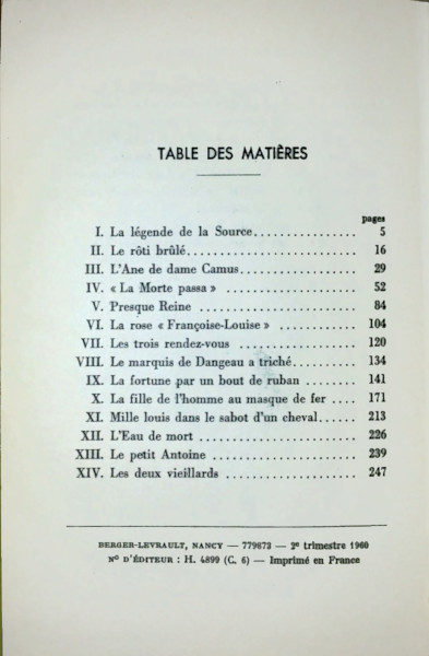 Contes et Légendes du Grand Siècle. Sommaire édition 1960
