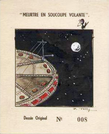 Illustration originale à l'encre de chine, signée par P. Tollet de l'édition numérotée Meurtre en soucoupe volante, 1953